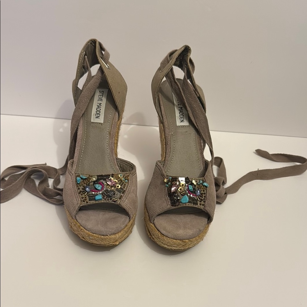 Steve Madden Women's Lace Up Embellished Wedge Sandals
